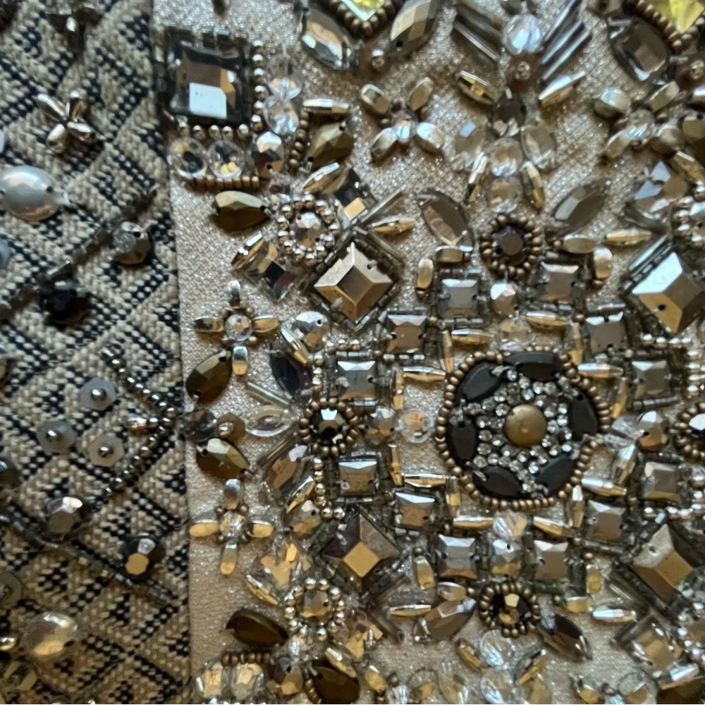 Chico’s Betsy Beaded Clutch Purse‎ Tan Jeweled Glam Coastal Wedding Boho Party